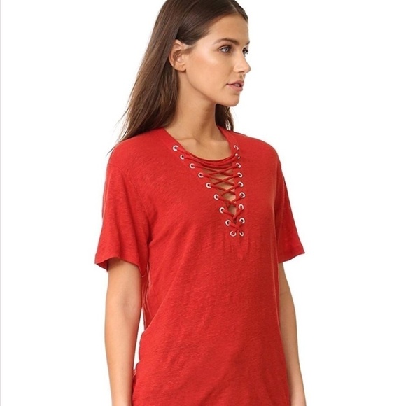 Red Jersey Imis Laced Linen Slub Tee Shirt - Picture 1 of 6